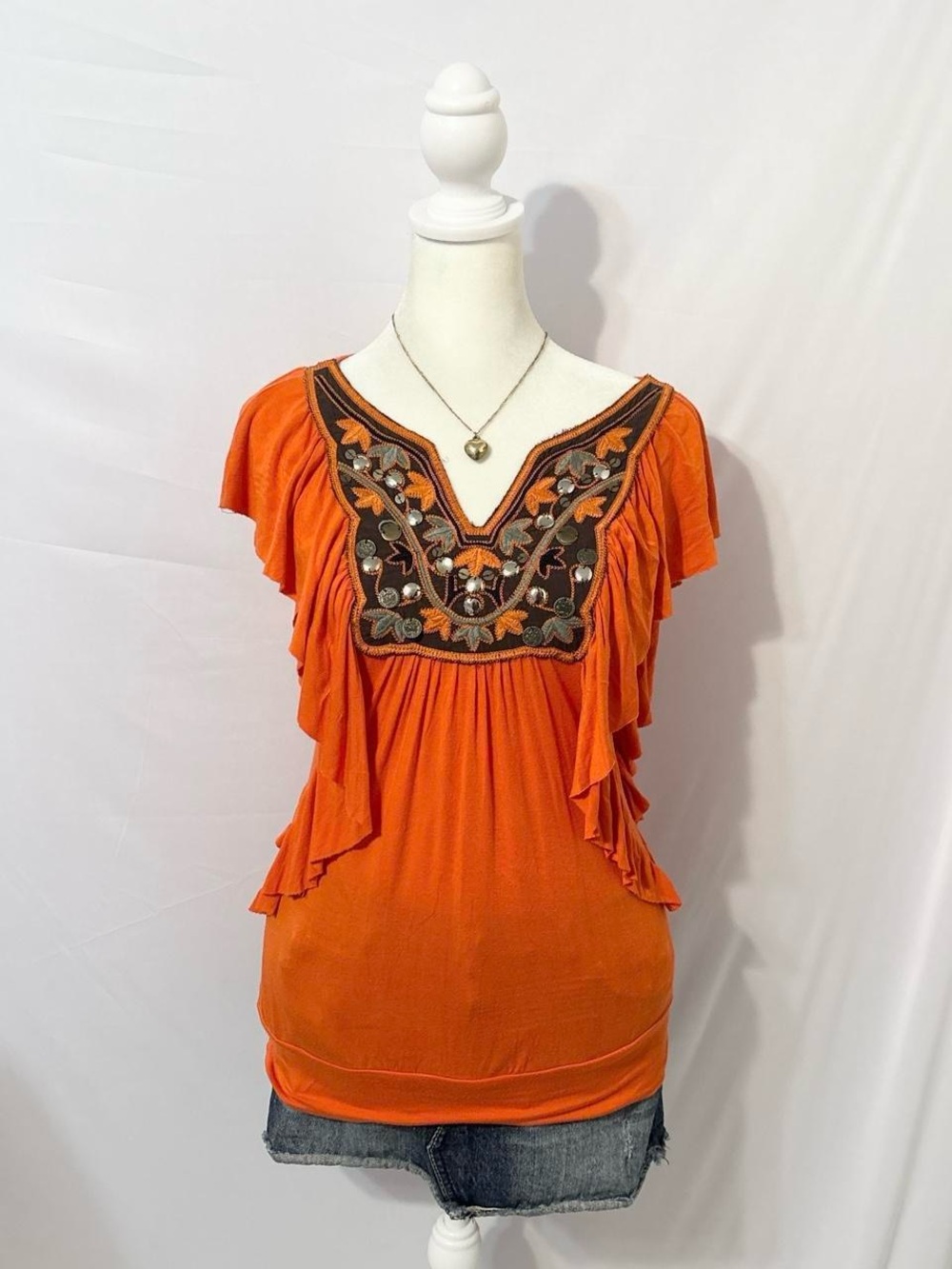 Moa Moa Y2k Flowy Orange Indie Boho V Neck Top